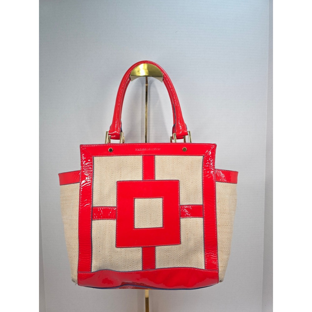 Jonathan Adler Red Patent Leather Trim Linen Cotton Canvas Geometric Tote Bag - Picture 1 of 7